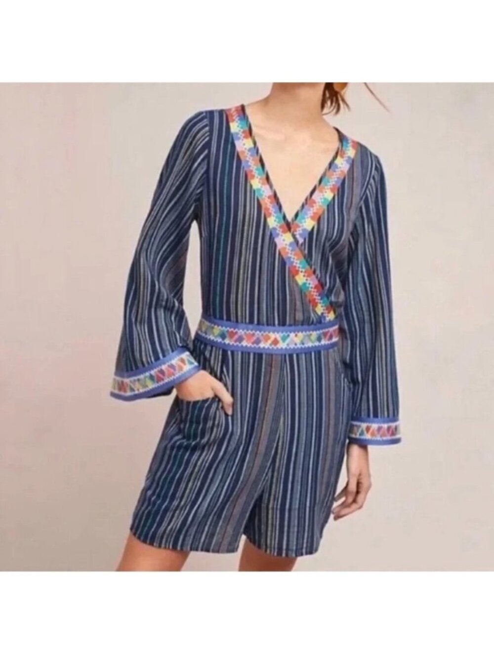 Laia XS Striped Long Sleeve Romper Blue Multicolor Boho India Design (K740)